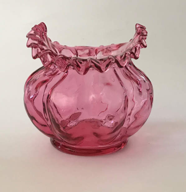 Fenton Crimped Ruffle Rim Melon Design Cranberry Glass Vase