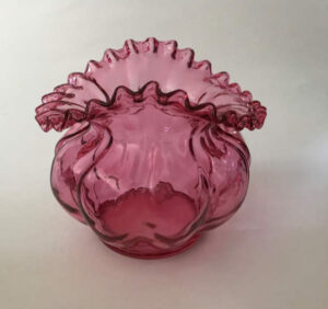 Fenton Crimped Ruffle Rim Melon Design Cranberry Glass Vase